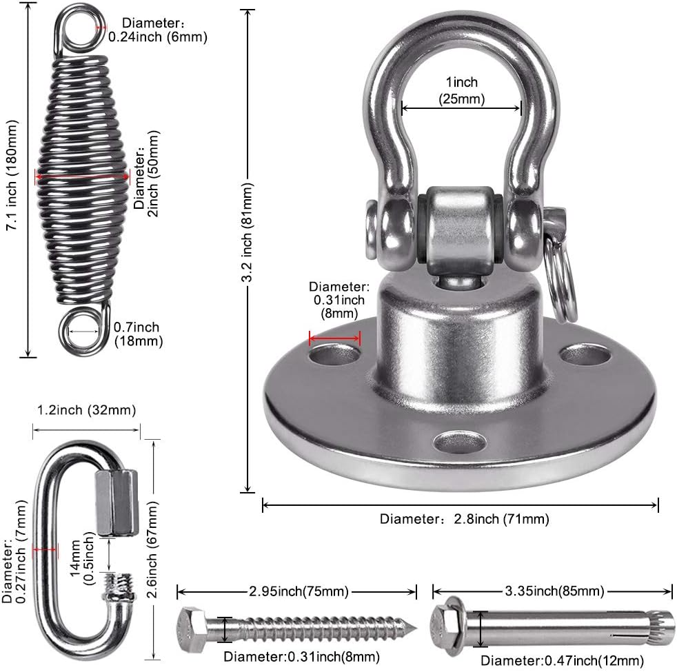 Dolibest Heavy Duty Swing Hanger, Hanging Kits Hammock Chair Hardware Spring (6MM) for Indoor Outdoor Playground, Porch Swing Hanging Kit with 3 Wood Screws and 3 Expansion Bolts, 400LB: Kitchen & Dining