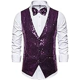 Catheive Men's Shiny Sequin Vest V-Neck Regular-Fit Party Dress Suit Waistcoat Bowtie 2 Pieces