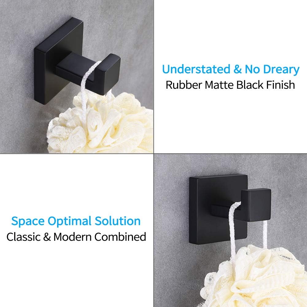 Bath Towel Hook, Angle Simple SUS304 Stainless Steel Shower Towel Holder, Bathroom Robe Hook, Kitchen Dish Towel Hanger, Square Coat Hook, Single Robe Hook for Cabinet Wall Mount, Matte Black - - 