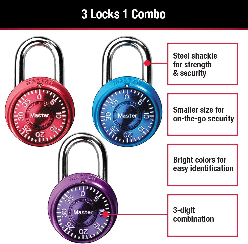 Master Lock 1533TRI Locker Lock Mini Combination Padlock, 3 Pack, Assorted Colors - Combination Padlocks - 