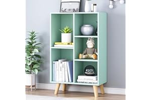 IOTXY Wooden Open Shelf Bookcase - 3-Tier Floorstanding Display Cabinet Rack with Legs, 5 Cubes Free Standing Bookshelf, Tiffany-Green