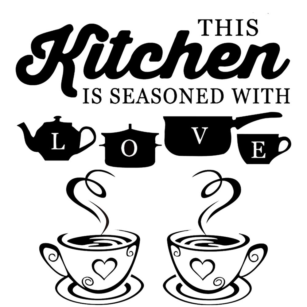 2 Pack This Kitchen is Seasoned with Love Wall Sticker with Coffee Tea Cups Wall Decals, Removable DIY Vinyl Wall Sign Art Decor Home Decoration for Kitchen Living Room Bedroom