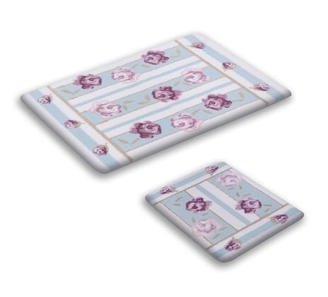 Ilkadim Gökyildiz 2- teilig Badgarnitur Blau Weiß mit Rosen 60x100cm (große Matte), 50x60cm (kleine Matte), Badteppich Hänge 