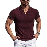 YTD Men's Muscle V Neck Polo Shirts Slim Fit Solid Short Sleeve Golf T-Shirts Ribbed Knit Soft Tees
