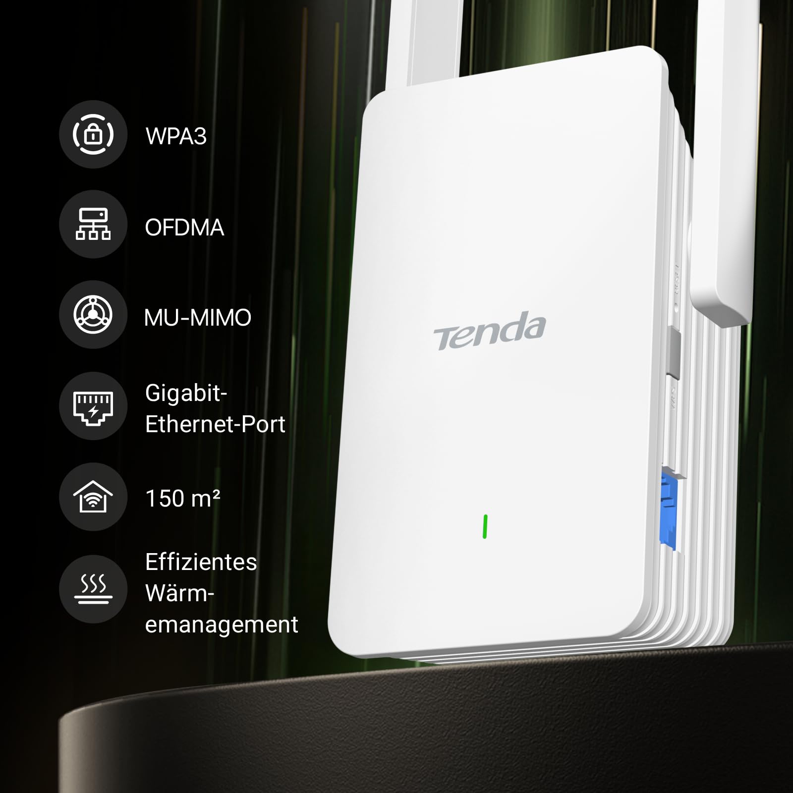 Tenda WiFi 6 WLAN Verstärker Repeater AX1500, 5GHz 1200 Mbit/s 2,4GHz 300 Mbit/s, Gigabit-Port, AP-Modus, WPA3, Abdeckung bis 150 m², kompatibel mit Fritzbox & Anderen Routern, A23 7