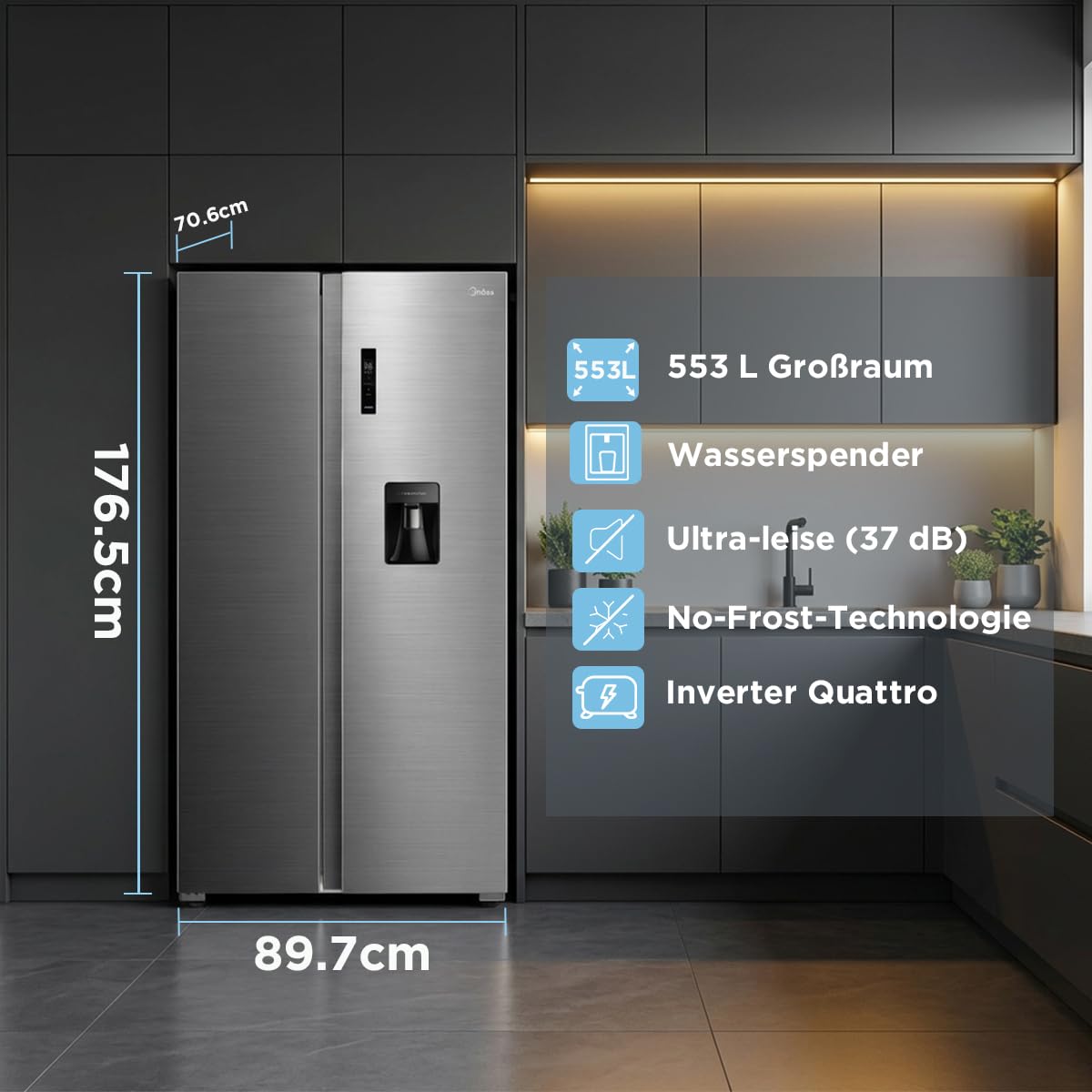 Midea Side-by-Side Kühlschrank 553L, mit Wasserspender ohne Festanschluss, Inverter Kompressor, No Frost, 360° Multi Air Flow, SuperCool & SuperFreeze, 37 dB leise, Steel Gray MDRS710FGD46W 2