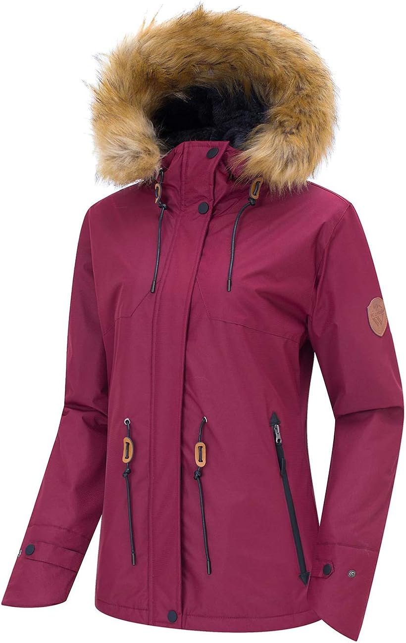 Wantdo Women's Waterproof Ski Jacket Hooded Winter Snow Coat Mountain Snowboarding Jackets Insulated Fleece Parka: Clothing