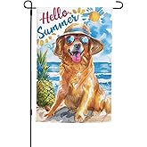 Hello Summer Garden Flag 12x18 Inch Double Sided, Golden Retriever Dog Yard Flag For Outdoor, Summer Seasonal Decors For Farmhouse Holiday Outside