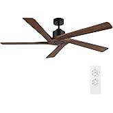 WINGBO 54 Inch DC Ceiling Fan without Lights, 5 Reversible Carved Solid Wood Blades, 6-Speed Noiseless DC Motor, Ceiling Fan No Light with Remote, Matte Black Finish with Walnut Blades, ETL Listed