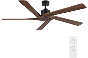 WINGBO 64 Inch DC Ceiling Fan without Lights, 5 Reversible Carved Solid Wood Blades, 6-Speed Noiseless DC Motor, Ceiling Fan No Light with Remote, Matte Black Finish with Walnut Blades, ETL Listed