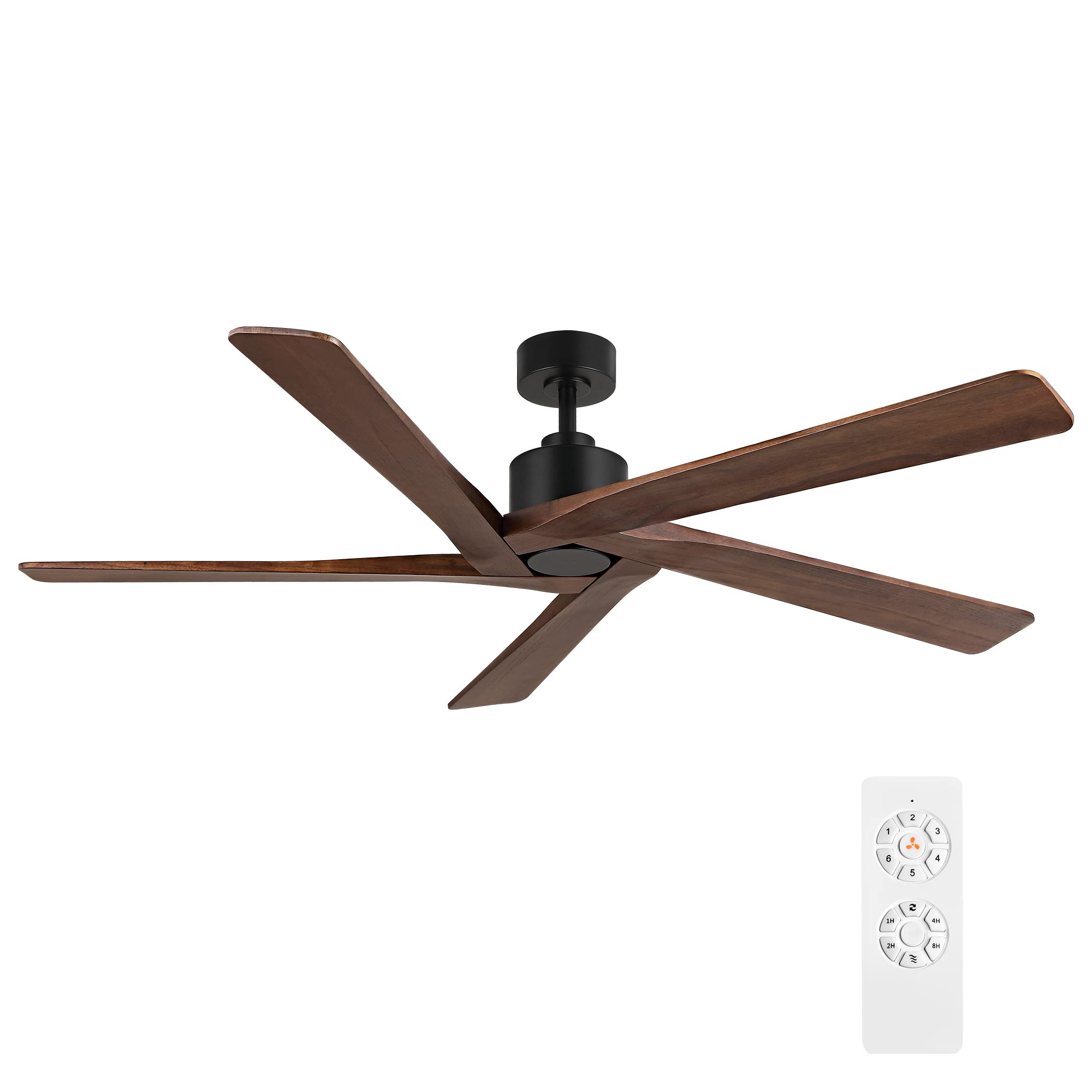 Photo 1 of WINGBO 54 Inch DC Ceiling Fan without Lights, 5 Reversible Carved Solid Wood Blades, 6-Speed Noiseless DC Motor, Ceiling Fan No Light with Remote, Matte Black Finish with Walnut Blades, ETL Listed
