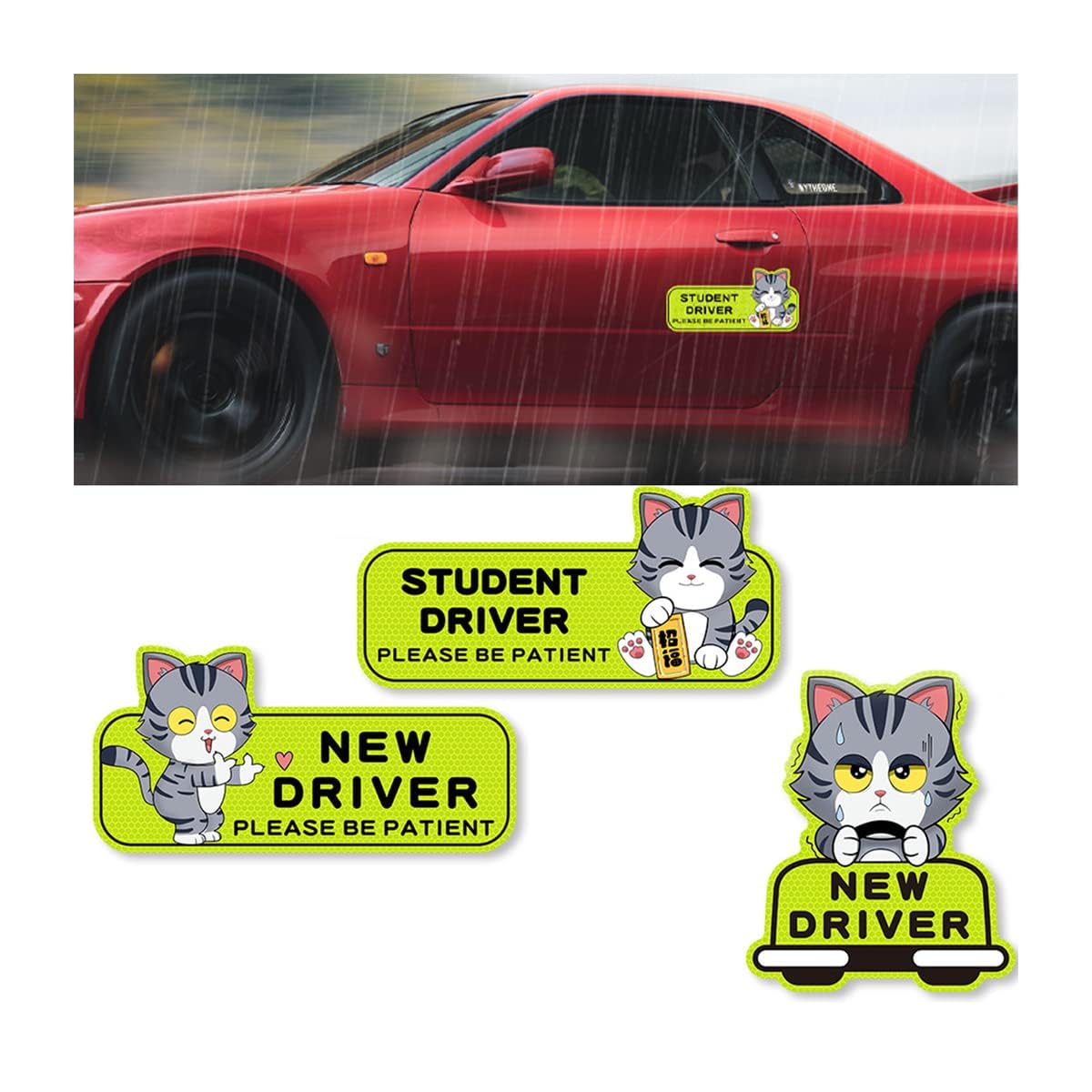 Student Driver Magnet Reflective Sticker, 3 PCS Kitten Pattern Please Be Patient Bumper Sign, Reusable Magnetic New Driver Safety Warning Sticker, Weatherproof Car Accessories