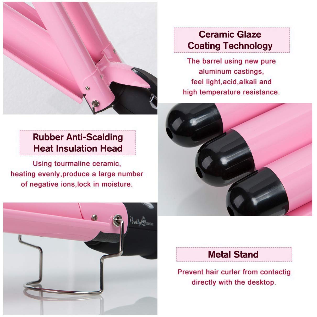 3 Barrel Curling Iron Wand Dual Voltage Hair Crimper with LCD Temp Display - 1 Inch Ceramic Tourmaline Triple Barrels, Temperature Adjustable Portable Hair Waver Heats Up Quickly (Pink): Beauty