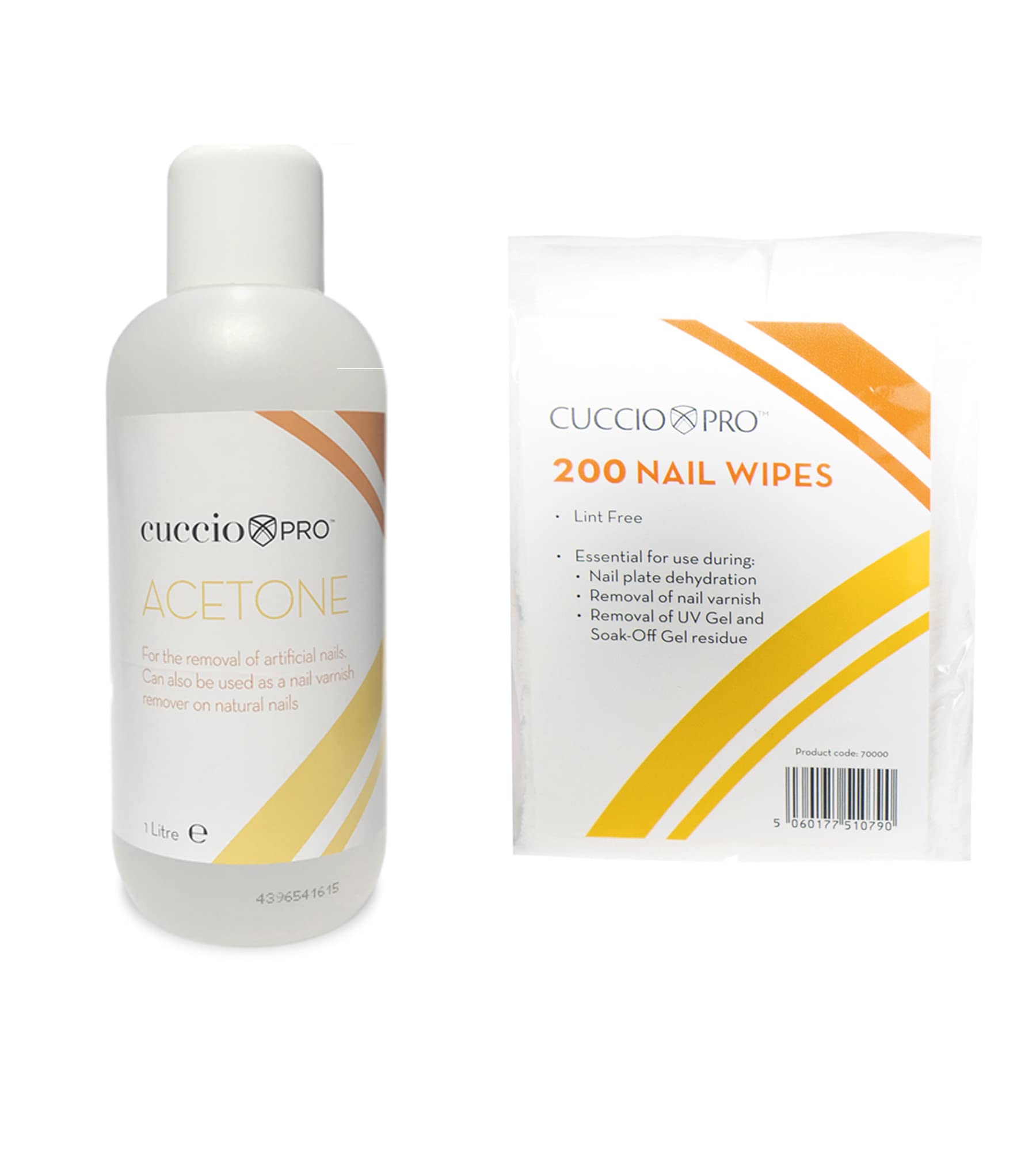 Cuccio 1 Litre Acetone and 200 Lint Free Nail Wipes Gel Removal Kit, White