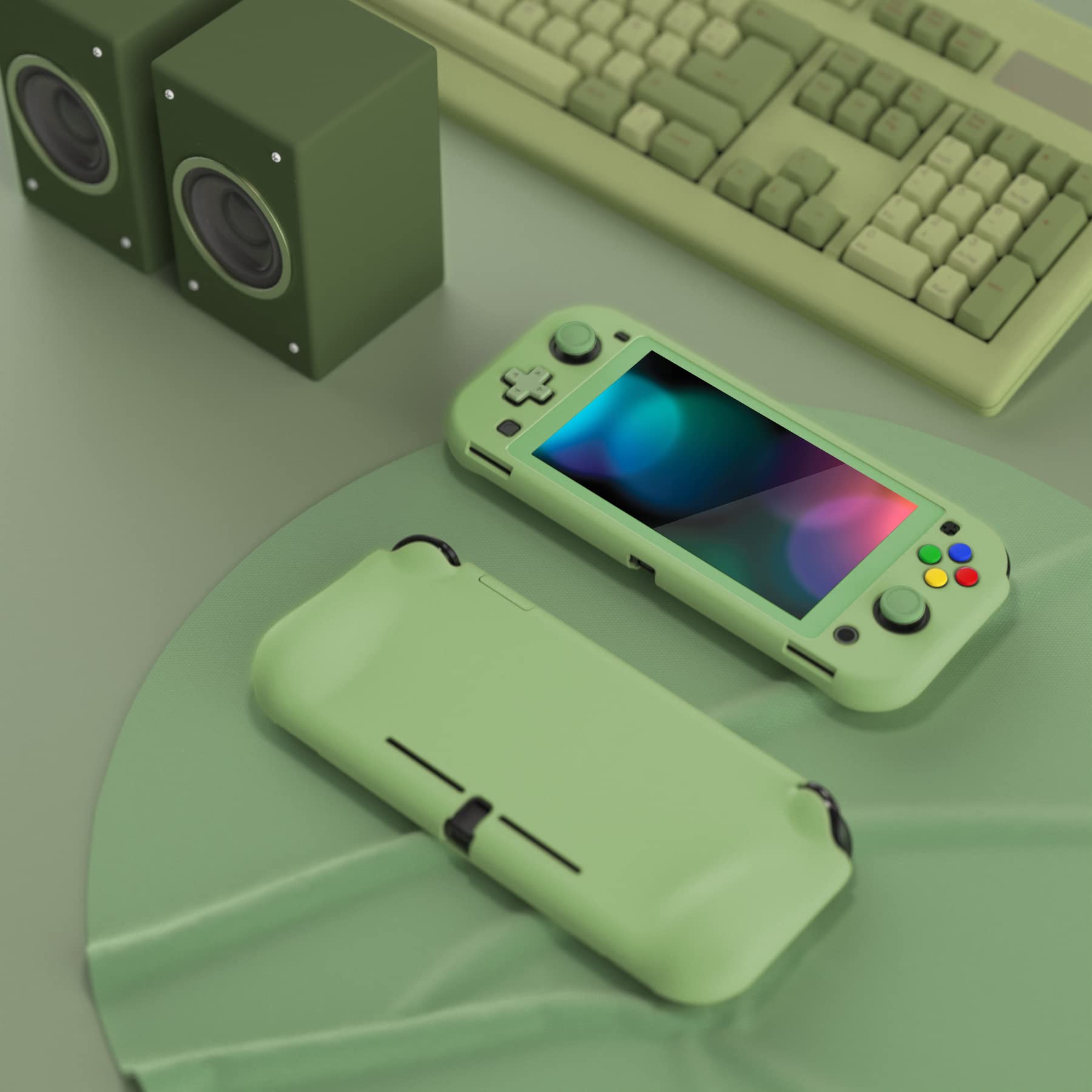 PlayVital ZealProtect Protective Case for Nintendo Switch Lite, Ergomomic Grip Hard Cover - Durable Comfort Shock-Absorbent Anti-Scratch with Screen Protector & Thumb Grip Button Caps, Matcha Green