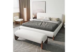 homary Modern Bedroom Furniture Set 2 Piece, White Boucle Queen Size Platform Bed Set & Bedroom Bench with Solid Rubber Wood Legs, Upholstered Headboard for Master Suite or Guest Room
