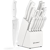 KATISUN 15-Piece White Kitchen Knife Set with Built-in Sharpening Stone, Ergonomic Triple Rivet Fixed Handles, Dishwasher Safe