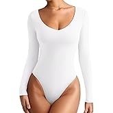 REORIA Women's V Neck Long Sleeve Bodysuits Comfy Double Lined Basic Tank Top Body Suits