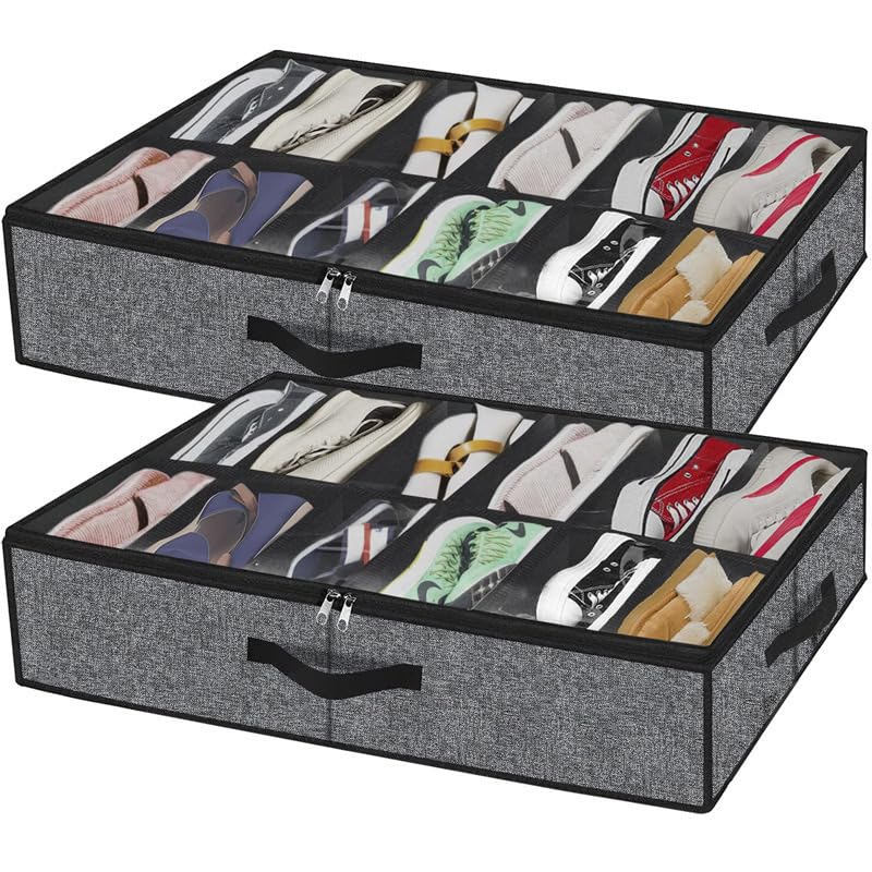 Uwenkjie Underbed Storage Container with 24 Compartments - Foldable Shoe Box with Transparent Lid and Reinforced Handle (Dark Gray Edging)