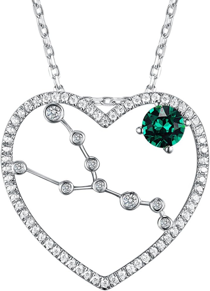 Christmas Birthday Gifts Necklace for Women Teen Girls Zodiac Constellation Taurus Jewelry Mom Daughter Grandma Green Emerald Love Heart Pendant Anniversary Gifts for Wife Sterling Silver Necklace