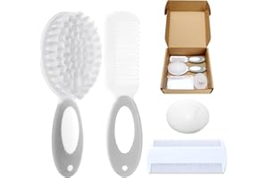 PAKENYESHA Baby Hair Brush and Comb Set, 4Pcs Baby Soft Bristles Brush Cradle Cap Brush Hair Comb for Newborns Toddlers Boys Girls (Grey)