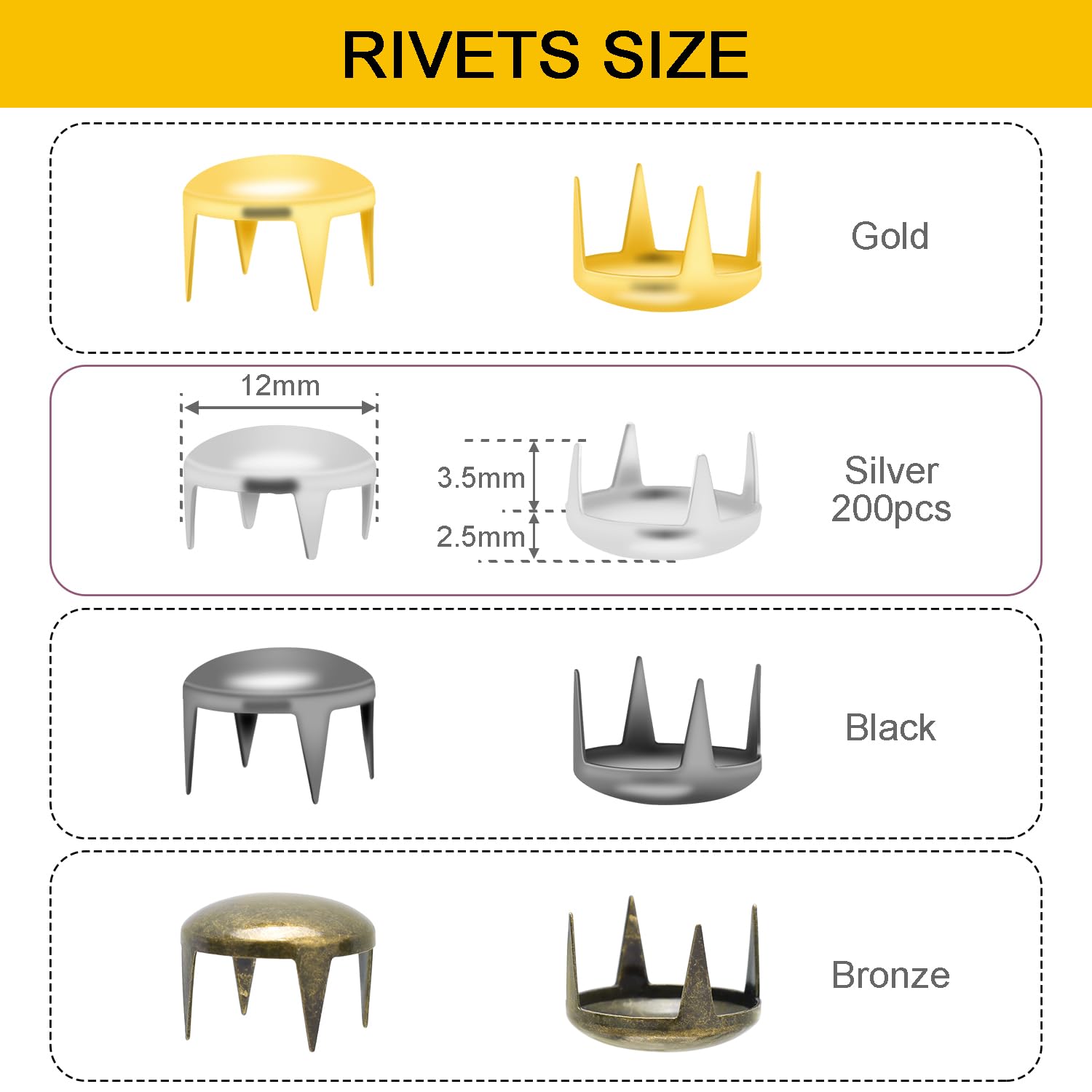 200pcs 12mm Round Dome Rivets Spike Studs Spots Nailhead Punk Rock DIY Leather Craft for Shoes Clothing Bag Parts Decoration (Silver)