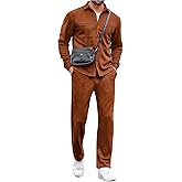 LecGee Men's Fall Faux Suede 2 Piece Tracksuit Button Down Long Sleeve Jacket Loose Pants With Pocket Fashion Casual Set