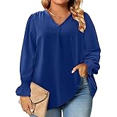 Eytino Plus Size Tops for Women Sexy V Neck Smocked Long Sleeve Blouse Loose Casual Work Shirts(1X-5X)