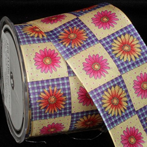 Gingham Taffeta Country Flower Wired Craft Ribbon 2.5