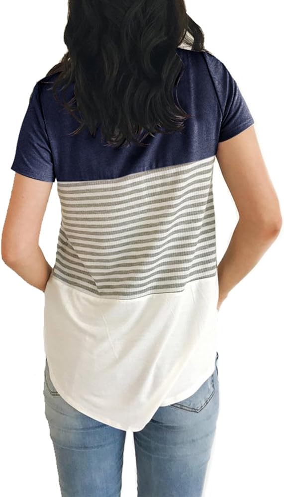 YunJey Round Neck Triple Color Block Stripe T-Shirt at  Women’s Clothing store