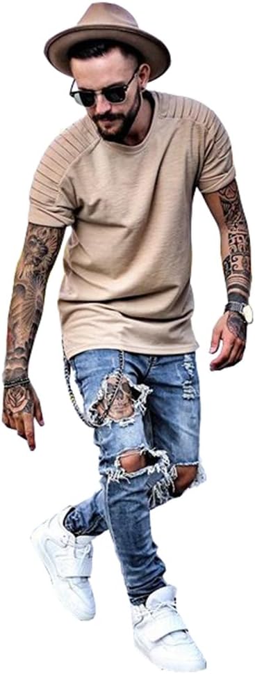 Men's Distressed Skinny Fit Ripped Zipper Jeans Destroyed Denim Pants