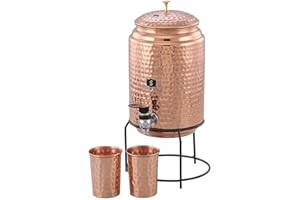 SHANKAR & SONS 5 Litre Copper Water Dispenser with Stand and 2 Glasses | BPA Free, Non-Toxic | Hammered Texture, Rustproof & 
