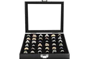 Ring Jewelry Organizer Box, 36 Slots Rings Display Storage Case Earring Showcase - Black Velvet Jewelry Stand Holder Tray wit