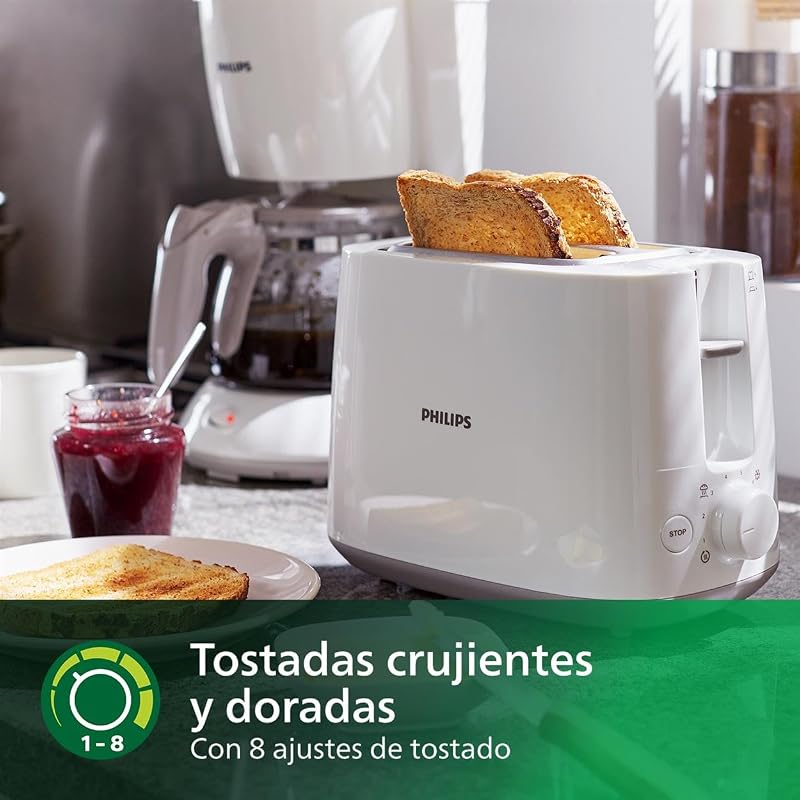 Tostadora de pan 2 Ranuras, 8 Ajustes, Calientabollos, Blanco