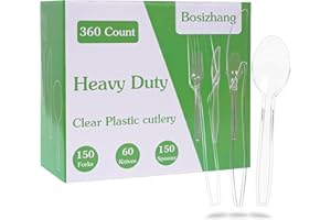 Bosizhang 360 Count Disposable Plastic Cutlery Set 150 Forks, 150 Spoons and 60 Knives, Clear Plastic Silverware, BPA-Free & Heat Resistant Disposable Utensil Sets for Parties, Daily Use, and Events