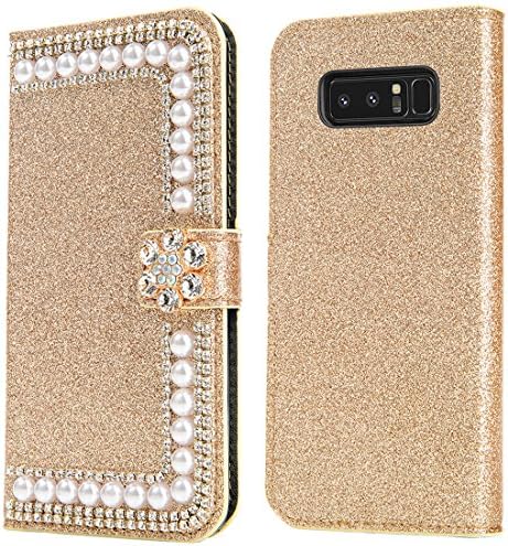 Samsung Galaxy Note 8 Case, Diamond Bling Shiny Shining [Extremely Sparkly] Luxury Jewel Crystal Girls Women Case Leather Wallet Flip Kickstand Case for Galaxy Note 8 (Flower-Gold)
