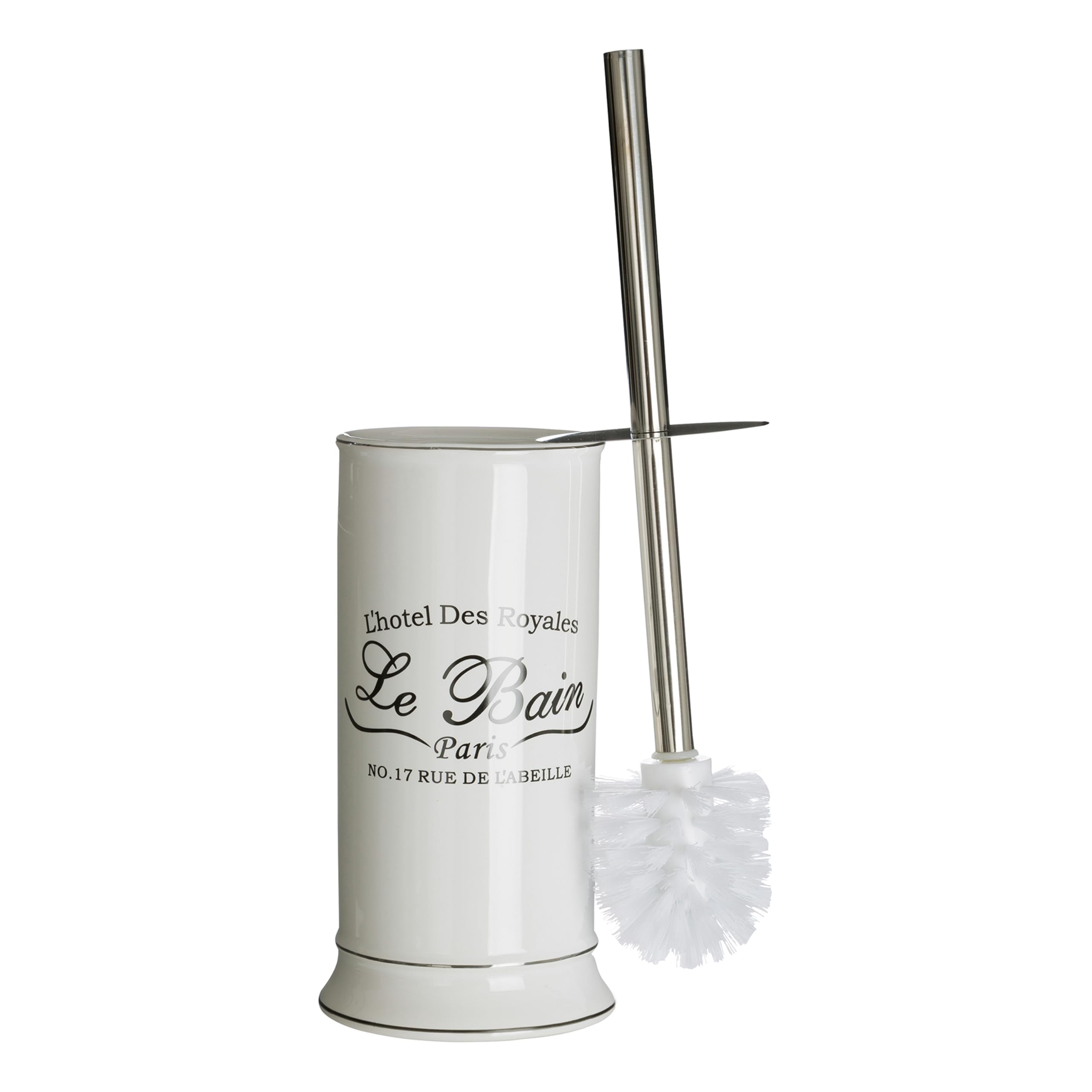 Premier Housewares Stylish White Stoneware Toilet Brush And Holder | Compact Bathroom Loo Brush Set With Black Lettering | Durable Lavatory Brushes With Stainless Steel Handle