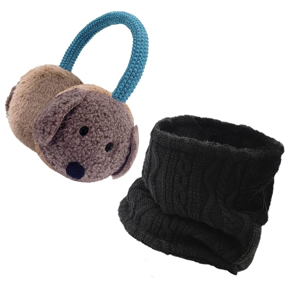 Gifts Treat Boys Girls Earmuffs and Neck Warmer Kids Adjustable Earmuffs Ear Warmer with Animal Pattern (brown dog E&S, M)