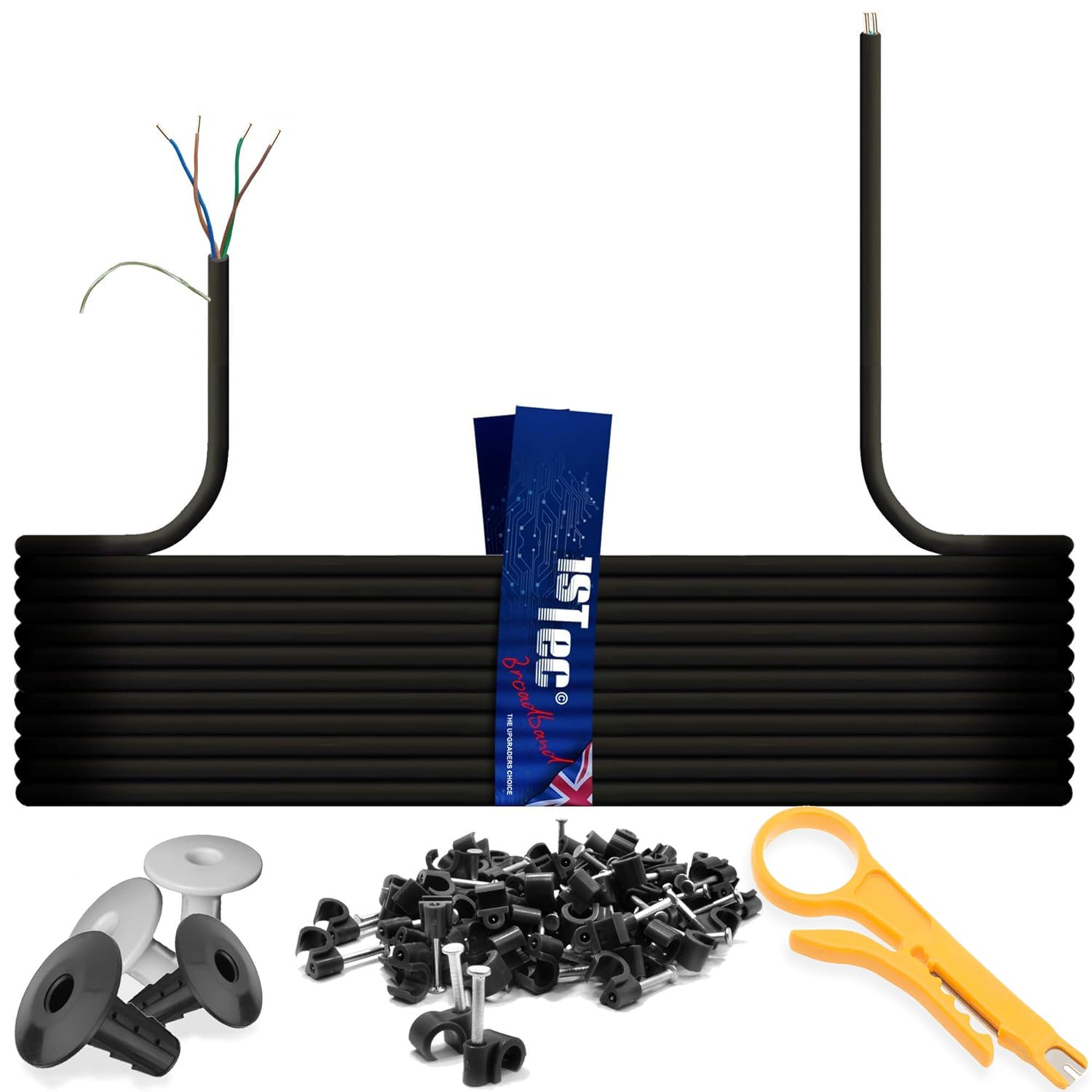1STec 10m of Genuine BT CW1308 4 Core 2 Twisted Pair Telephone or FTTC Broadband Extension Wire + 4 Grommets + IDC Insertion Tool + 4mm Clips + Printed Colour Code Instructions (10 Metre, Black)