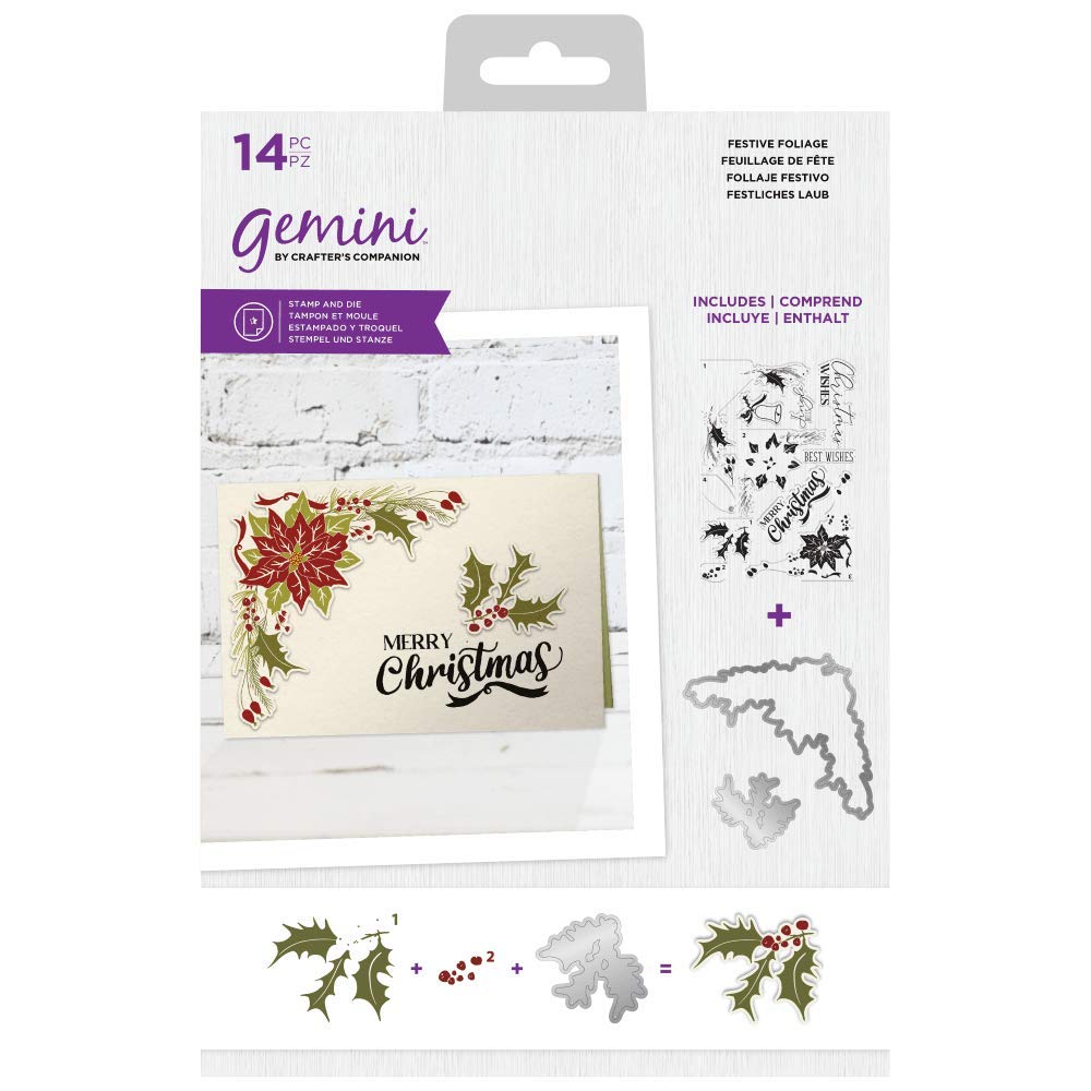Crafter's Companion Gemini-Clear Acrylic Stamp & Metal Cutting Die Set-Festive Foliage, Silver, One Size