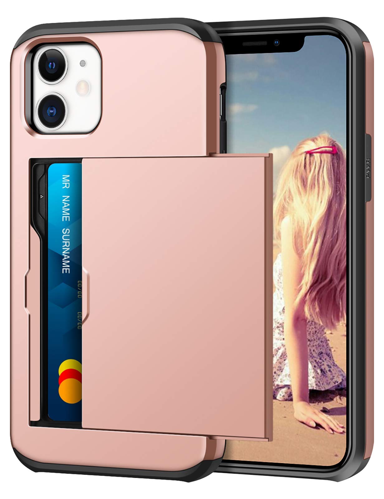 Coolden Compatible with iPhone 12 Case Shockproof Case iPhone 12 Wallet Case Protective Case Rubber Bumper Phone Case Card Holder Slot Wallet Case Cover Compatible with iPhone 12/12 Pro (Rose Gold)