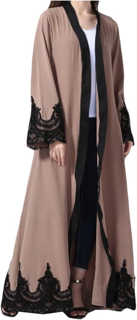 Comfy Women's Casual Lace Hem Line Stitch Long Sleeve Muslim Abaya