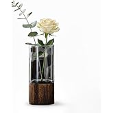 10" Tall Wood Glass Vase, Wooden Base Cylindrical Flower Vase, Classic Boho Rustic Style for Table, Fireplace, Kitchen, Bedroom, Living Room, Centerpieces Office Desk