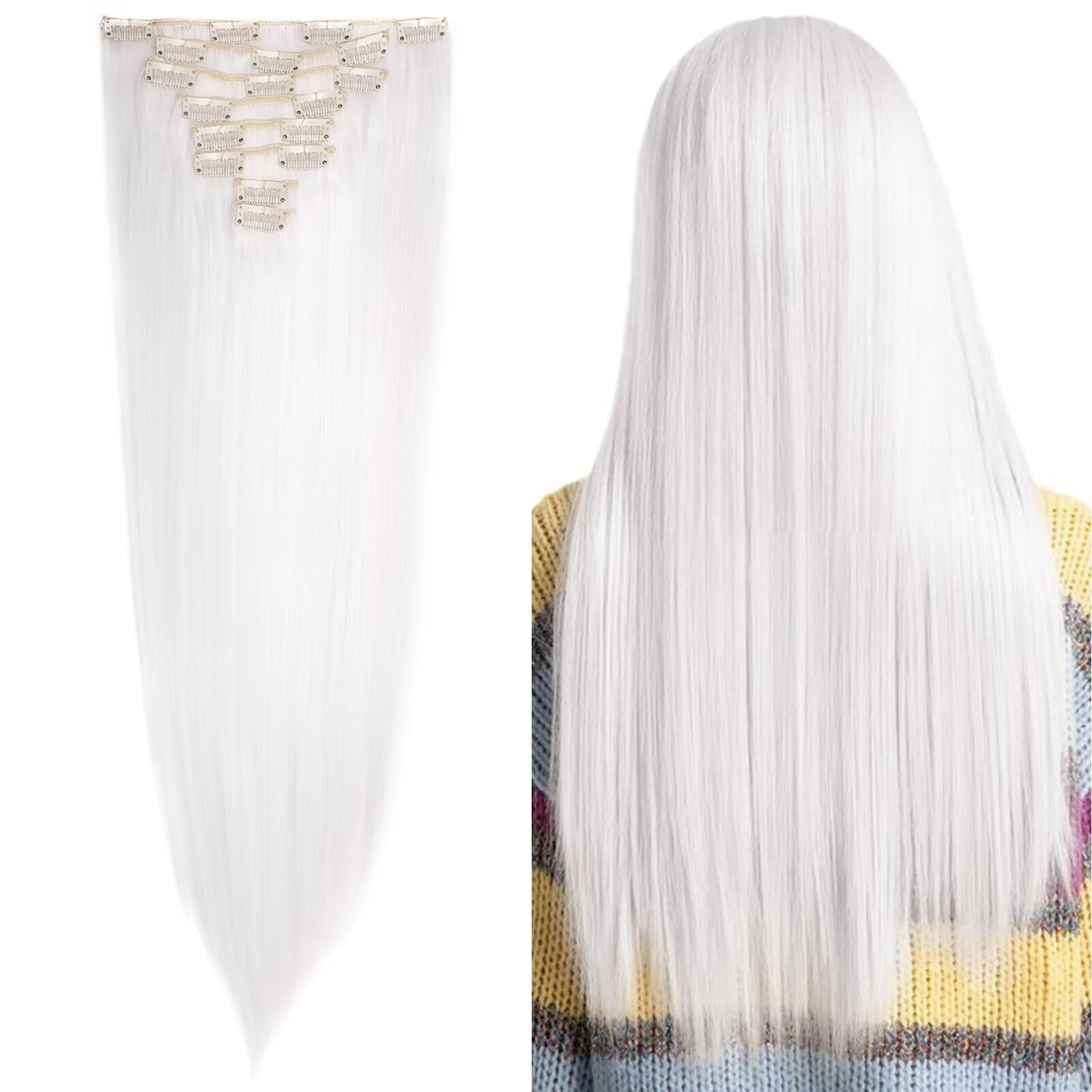 Silk-co 23" 8PCS Hairpiece Clip in Hair Extensions White 100% Synthetic Hair Piece Long Straight for Full Head — image 1