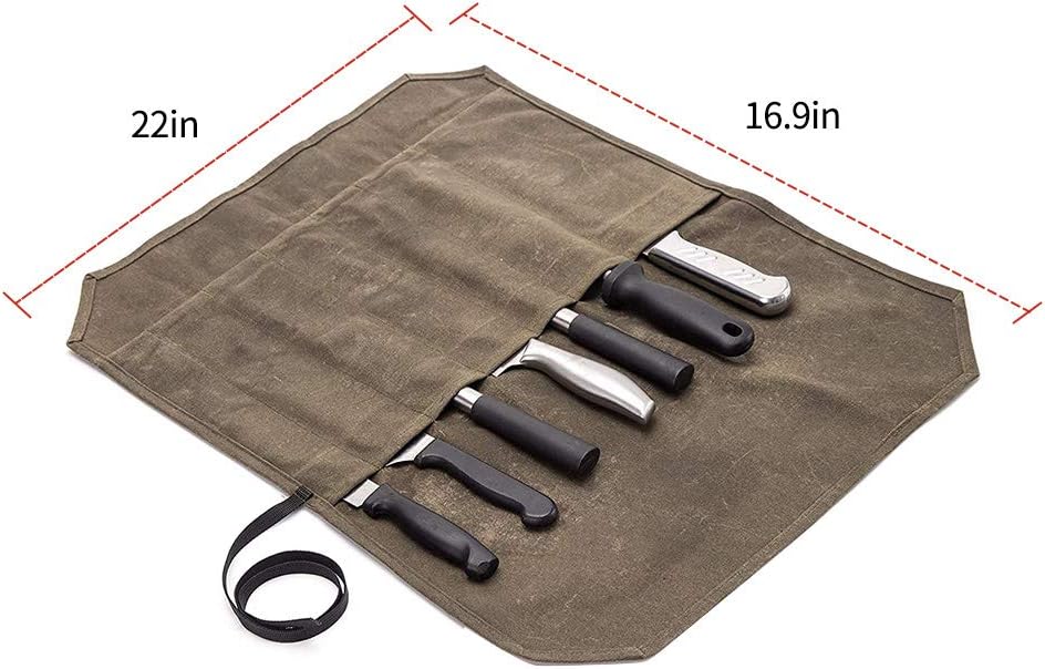 Khaki Chef’s Knife Roll Case, Waxed Canvas Cutlery Knives Holders Protectors, Home Kitchen Cooking Tools and Utensils Wrap Bag Wallet, Multi-Purpose Brush Roll Bag, Travel Tool Roll Pouch (Khaki): Home & Kitchen