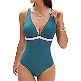 Cromi Women's One Piece Swimsuits V Neck Adjustable Straps Bathing Suit Athletic Color Trim Padded Swimwear