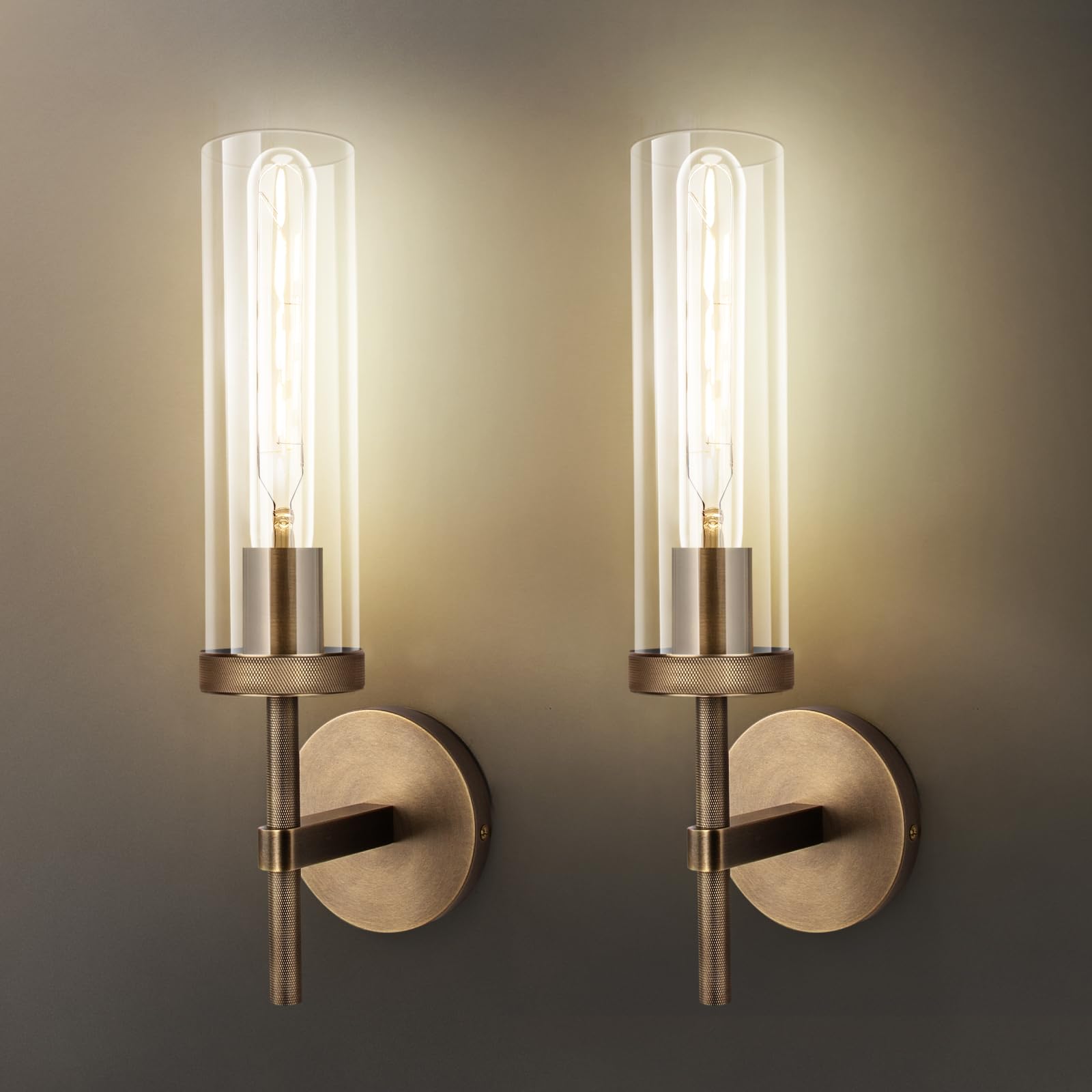 Photo 1 of vookea Bronze Wall Sconces Set of Two, 15'' Brushed Brass Knurled Bathroom Sconces Wall Lighting Vanity Light with Clear Glass, Indoor Wall Mount Light for Living Room Mirror Bedroom Stairs