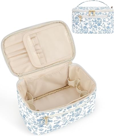 Wandering Nature Travel Makeup Bag with Brush Compartment Blue Flower