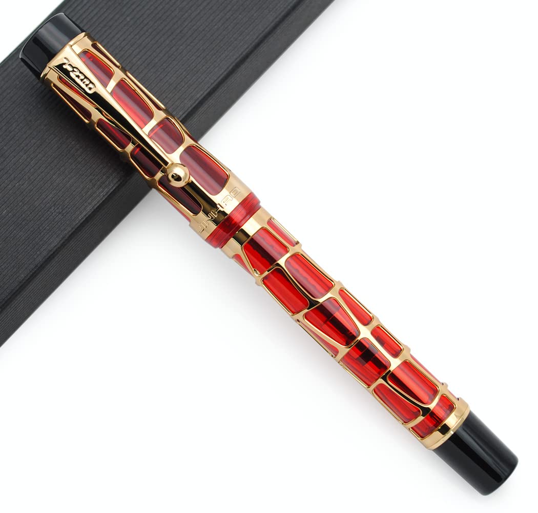 JINHAO 100 Fountain Pen Metal and Resin Grid Skeleton Writing Pen with Converter (Medium Nib, A-Red)