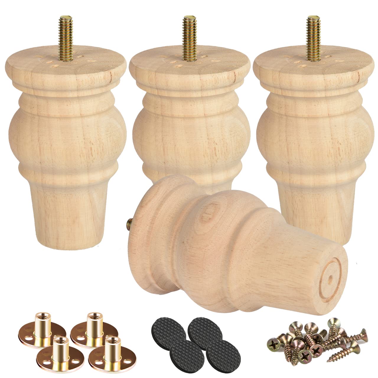 Btowin 4 inch /10cm Solid Wood Furniture Legs,4Pcs Wooden Turned Bun Feet,Unfinished DIY Replacement Feet with Threaded M8 Hanger Bolts & Mounting Plate & Screws for Sofa Couch Chair Ottoman Loveseat